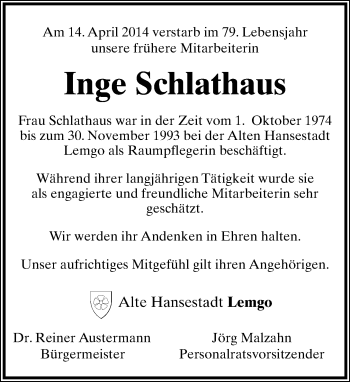 Anzeige  Inge Schlathaus  Lippische Landes-Zeitung