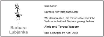 Anzeige  Barbara Lubjanka  Lippische Landes-Zeitung
