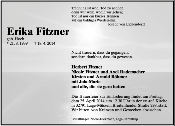 Anzeige  Erika Fitzner  Lippische Landes-Zeitung