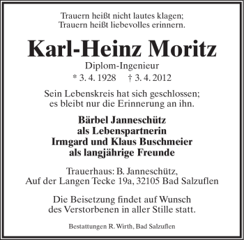 Anzeige  Karl-Heinz Moritz  Lippische Landes-Zeitung