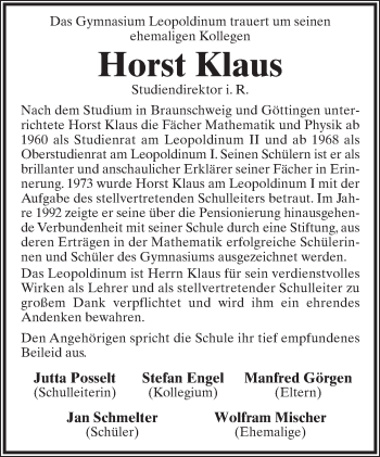 Anzeige  Horst Klaus  Lippische Landes-Zeitung