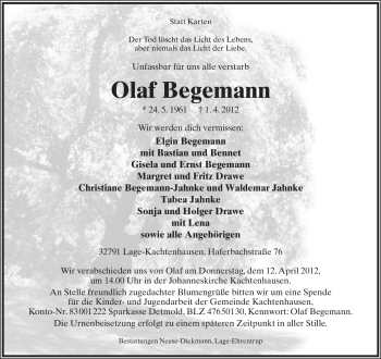 Anzeige  Olaf Begemann  Lippische Landes-Zeitung