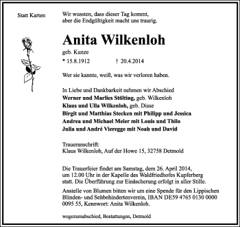 Anzeige  Anita Wilkenloh  Lippische Landes-Zeitung
