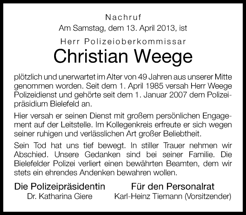  Traueranzeige für Christian Weege vom 19.04.2013 aus Lippische Landes-Zeitung
