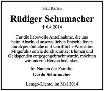 Anzeige  Rüdiger Schumacher  Lippische Landes-Zeitung