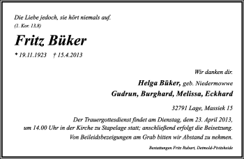Anzeige  Fritz Büker  Lippische Landes-Zeitung