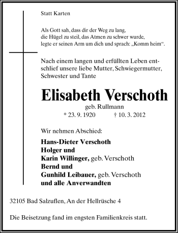Anzeige  Elisabeth Verschoth  Lippische Landes-Zeitung