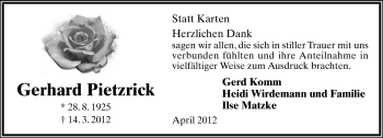 Anzeige  Gerhard Pietzrick  Lippische Landes-Zeitung