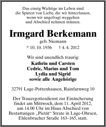 Anzeige  Irmgard Berkemann  Lippische Landes-Zeitung