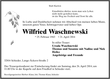 Anzeige  Wilfried Waschnewski  Lippische Landes-Zeitung