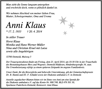 Anzeige  Anni Klaus  Lippische Landes-Zeitung