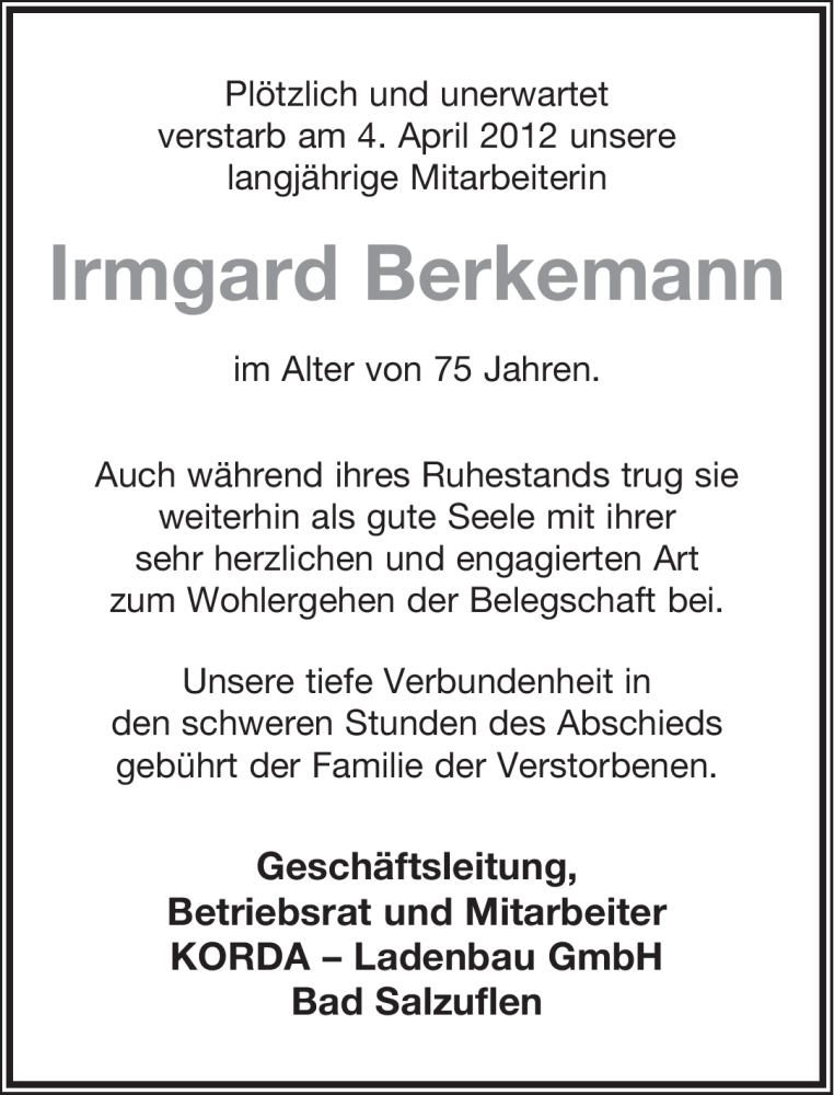  Traueranzeige für Irmgard Berkemann vom 06.04.2012 aus Lippische Landes-Zeitung