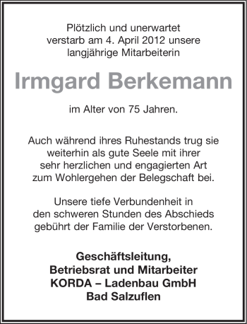 Anzeige  Irmgard Berkemann  Lippische Landes-Zeitung