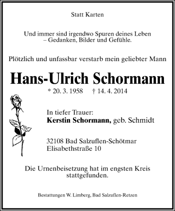 Anzeige  Hans-Ulrich Schormann  Lippische Landes-Zeitung