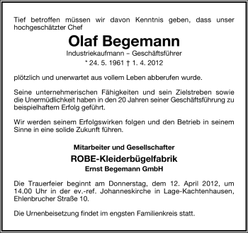 Anzeige  Olaf Begemann  Lippische Landes-Zeitung