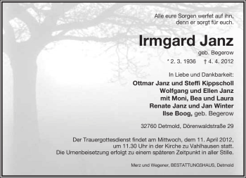 Anzeige  Irmgard Janz  Lippische Landes-Zeitung