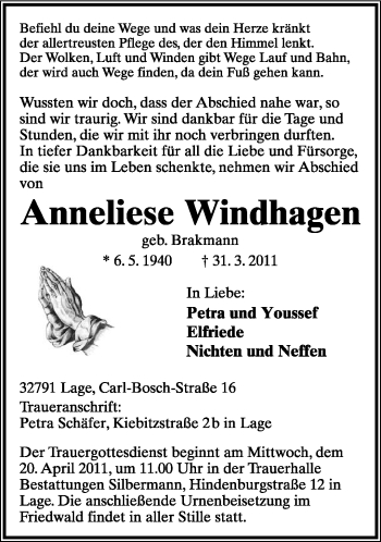 Anzeige  Anneliese Windhagen  Lippische Landes-Zeitung