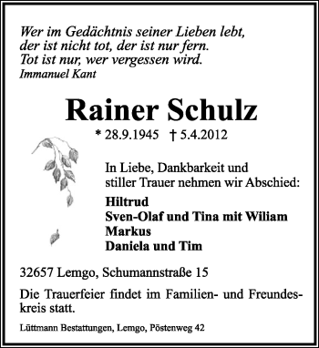 Anzeige  Rainer Schulz  Lippische Landes-Zeitung