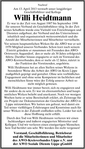 Anzeige  Willi Heidtmann  Lippische Landes-Zeitung