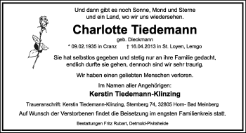 Anzeige  Charlotte Tiedemann  Lippische Landes-Zeitung