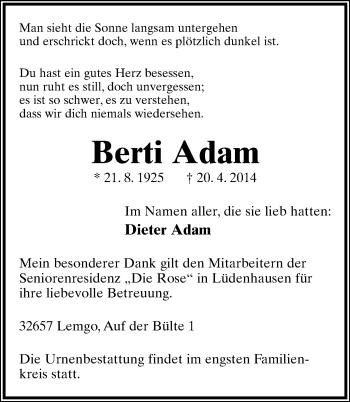 Anzeige  Berti Adam  Lippische Landes-Zeitung