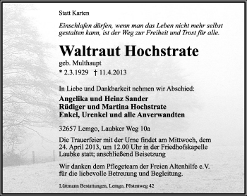 Anzeige  Waltraut Hochstrate  Lippische Landes-Zeitung