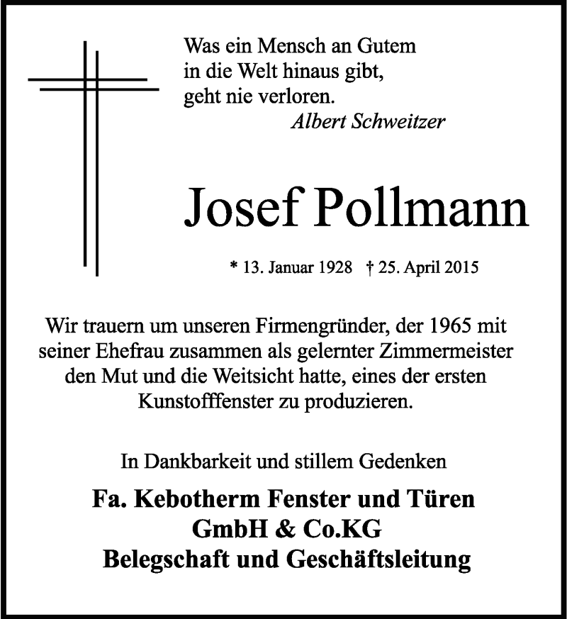  Traueranzeige für Josef Pollmann vom 29.04.2015 aus Lippische Landes-Zeitung