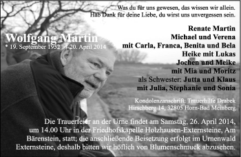 Anzeige  Wolfgang Martin  Lippische Landes-Zeitung