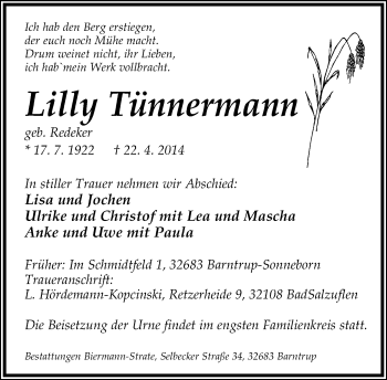 Anzeige  Lilly Tünnermann  Lippische Landes-Zeitung