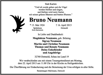 Anzeige  Bruno Neumann  Lippische Landes-Zeitung