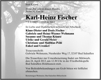 Anzeige  Karl-Heinz Fischer  Lippische Landes-Zeitung