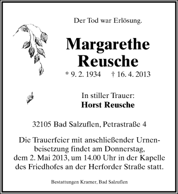 Anzeige  Margarethe Reusche  Lippische Landes-Zeitung