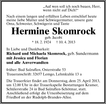Anzeige  Hermine Skomrock  Lippische Landes-Zeitung