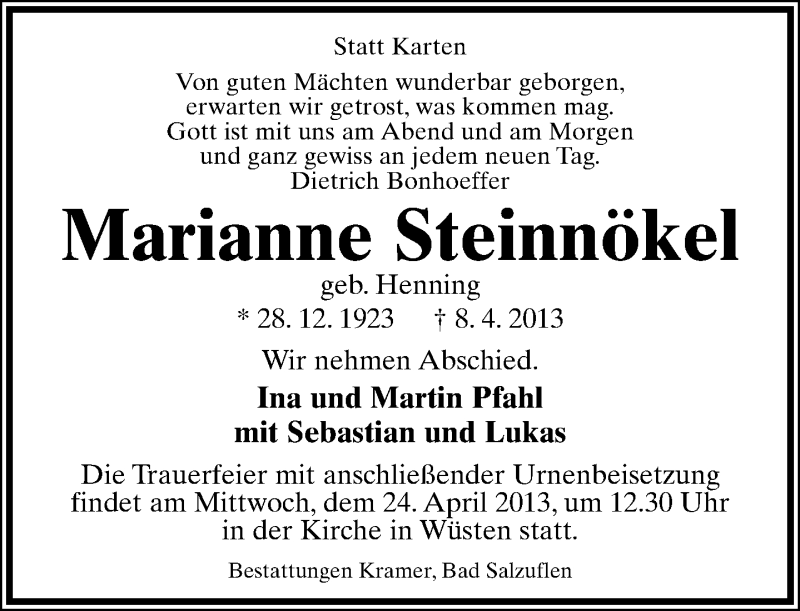  Traueranzeige für Marianne Steinnökel vom 20.04.2013 aus Lippische Landes-Zeitung