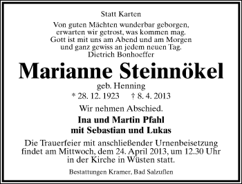 Anzeige  Marianne Steinnökel  Lippische Landes-Zeitung