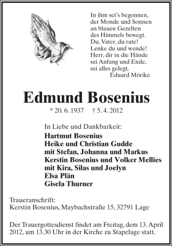 Anzeige  Edmund Bosenius  Lippische Landes-Zeitung