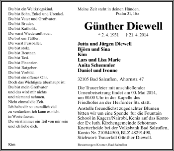 Anzeige  Günther Diewell  Lippische Landes-Zeitung