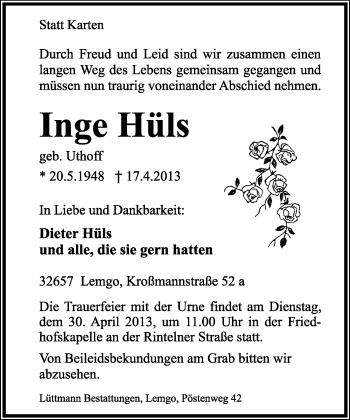 Anzeige  Inge Hüls  Lippische Landes-Zeitung