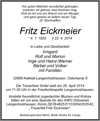 Anzeige  Fritz Eickmeier  Lippische Landes-Zeitung