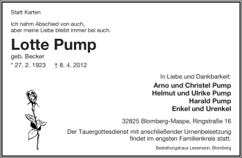 Anzeige  Lotte Pump  Lippische Landes-Zeitung