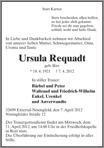 Anzeige  Ursula Requadt  Lippische Landes-Zeitung