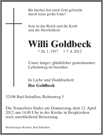 Anzeige  Willi Goldbeck  Lippische Landes-Zeitung