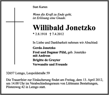 Anzeige  Willibald Jonetzko  Lippische Landes-Zeitung