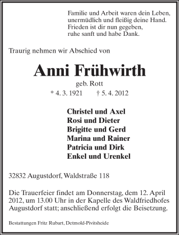 Anzeige  Anni Frühwirth  Lippische Landes-Zeitung