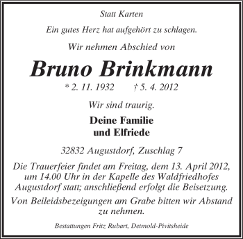 Anzeige  Bruno Brinkmann  Lippische Landes-Zeitung