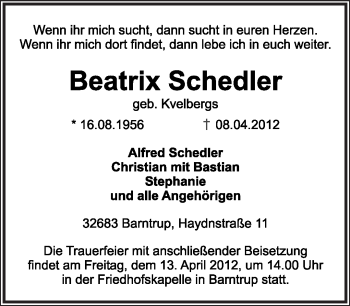 Anzeige  Beatrix Schedler  Lippische Landes-Zeitung