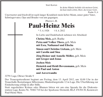 Anzeige  Paul-Heinz Meis  Lippische Landes-Zeitung