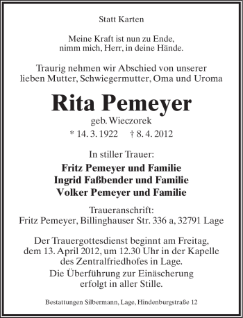 Anzeige  Rita Pemeyer  Lippische Landes-Zeitung