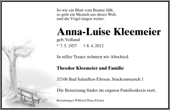 Anzeige  Anna-Luise Kleemeier  Lippische Landes-Zeitung