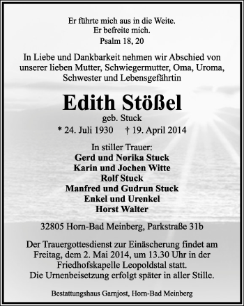 Anzeige  Edith Stößel  Lippische Landes-Zeitung